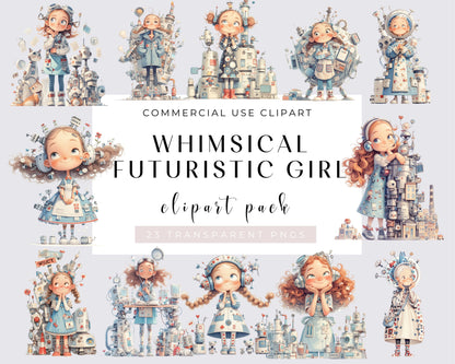 23 Whimsical Futuristic Girl Clipart, Whimsical, Funny, Watercolor PNGs, Instant Download, Futuristic, Vacation, Travel