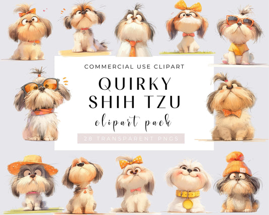 Quirky Dog Clipart, Whimsical Dog, 28 PNGs, Quirky Shih Tzu, Sublimation clipart, Whimsy Birthday graphics, Silly illustration, Commercial