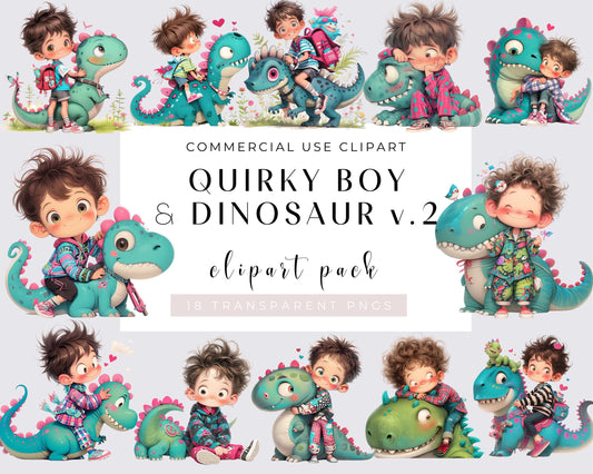 Quirky Boy & Dinosaur Clipart, Quirky Boy Clipart, Cute Kids Graphics, 18 PNGs, Watercolor Quirky Animals, Transparent, Nusery clipart