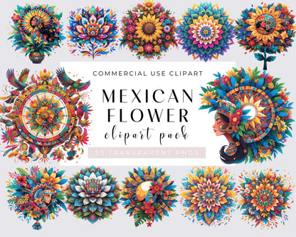 23 PNG Mexican Flowers Clipart bundle, Aztec Mexican Flowers clipart bundle, Mexican Florals clipart bundle, Commercial use