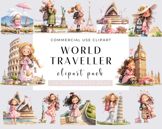 Girl Travel Clipart, Watercolor Traveller, Bundle, Summer Travel, Travel Essentials, World adventure illustration, Planner, 29 PNGs