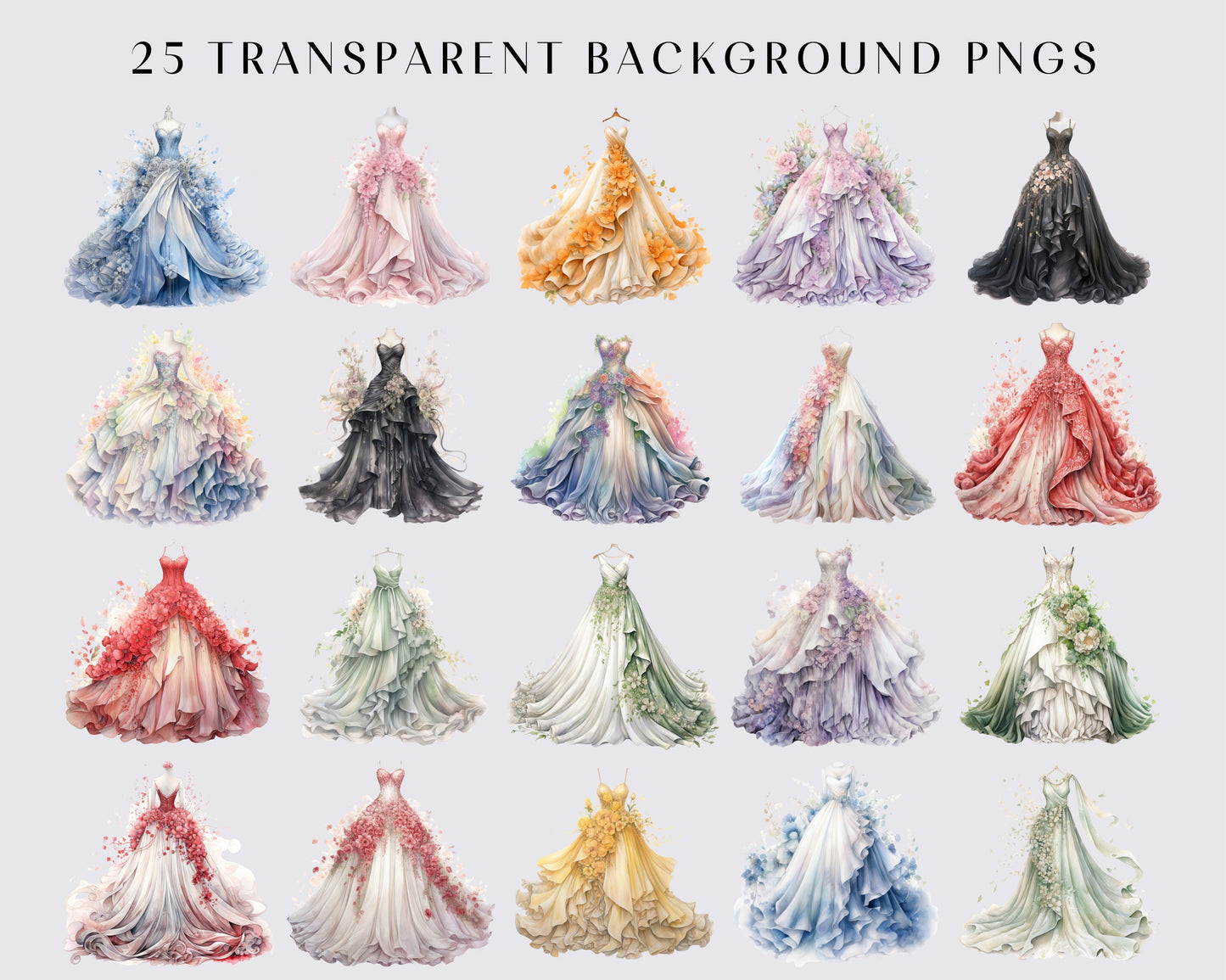 Watercolor Floral Wedding Dresses Clipart, Whimsical Flower Dresses and Gowns, 25 PNGs, Instant download, Commercial use