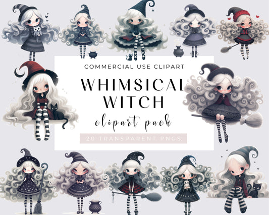 Watercolor Black Whimsical Witch Clipart, 20 PNG Halloween Clipart, Witch, Magic, Ghost, Spider, Halloween Cat, Commercial Use