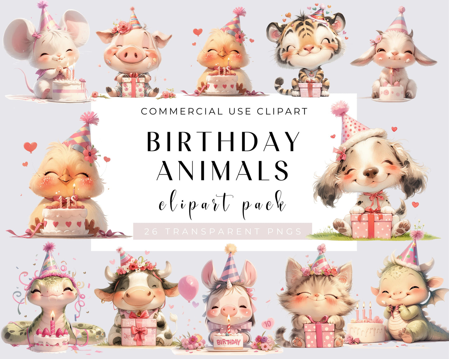 Watercolor Whimsical Animals Clipart, Birthday Animal, 26 PNG Animals Clipart, Cute Baby Animals, Nursery Animals, Babyshower