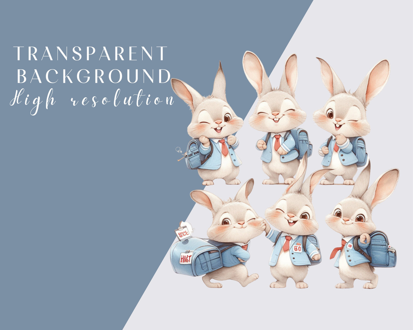 Watercolor Quirky Bunny back to school Clipart, Quirky Bunny, Whimsical Bunny, 24 Transparent PNG, Nursery, Baby Shower, Scrapbooking