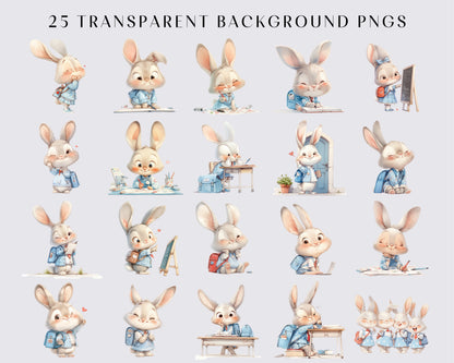 Watercolor Quirky Bunny back to school Clipart, Quirky Bunny, Whimsical Bunny, 24 Transparent PNG, Nursery, Baby Shower, Scrapbooking