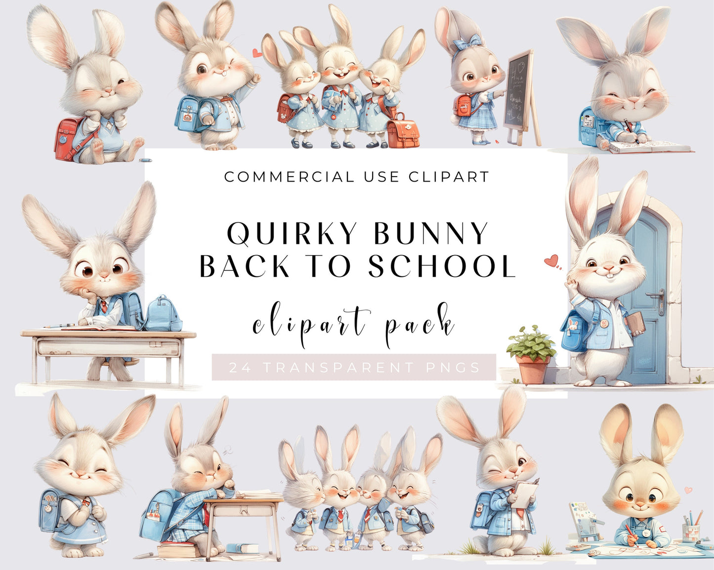 Watercolor Quirky Bunny back to school Clipart, Quirky Bunny, Whimsical Bunny, 24 Transparent PNG, Nursery, Baby Shower, Scrapbooking