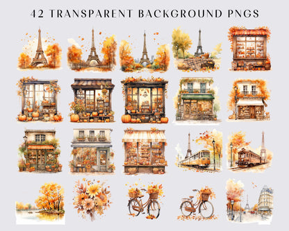 Watercolor Paris in Fall Clipart Bundle, Eiffel Tower Clip Art, Paris Autumn, Romantic Paris France PNG, Download, Commercial, 42 PNGs