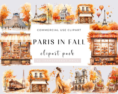 Watercolor Paris in Fall Clipart Bundle, Eiffel Tower Clip Art, Paris Autumn, Romantic Paris France PNG, Download, Commercial, 42 PNGs