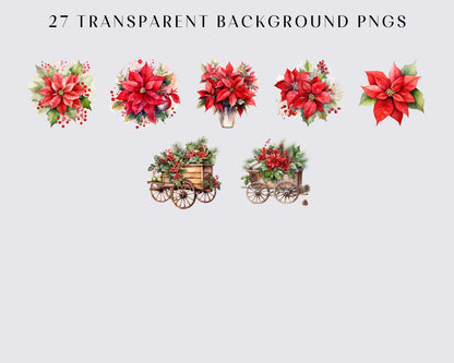 27 Watercolor Poinsettias Clipart, Christmas Flower Clipart PNG, Winter Clipart Bundle, Holiday Digital Planner, Collage Images, Paper Craft