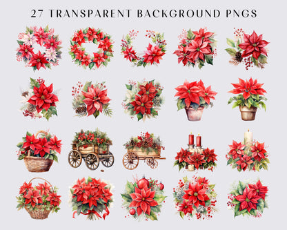 27 Watercolor Poinsettias Clipart, Christmas Flower Clipart PNG, Winter Clipart Bundle, Holiday Digital Planner, Collage Images, Paper Craft