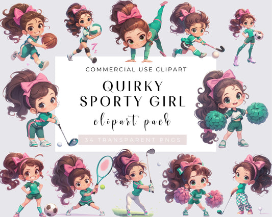 34 Quirky Sporty Girl Clipart, Quirky Girl, Sport clipart, Whimsical girl, Watercolor PNGs, Instant Download, Football clipart, Commercial