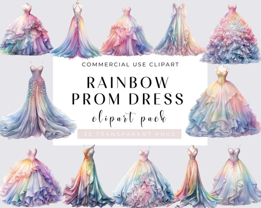 Rainbow Prom Dresses Clipart, Watercolor Dress, Ballet Dancing Dresses Illustrations, 35 PNGs, Girl clipart, Dress clipart, Fashion