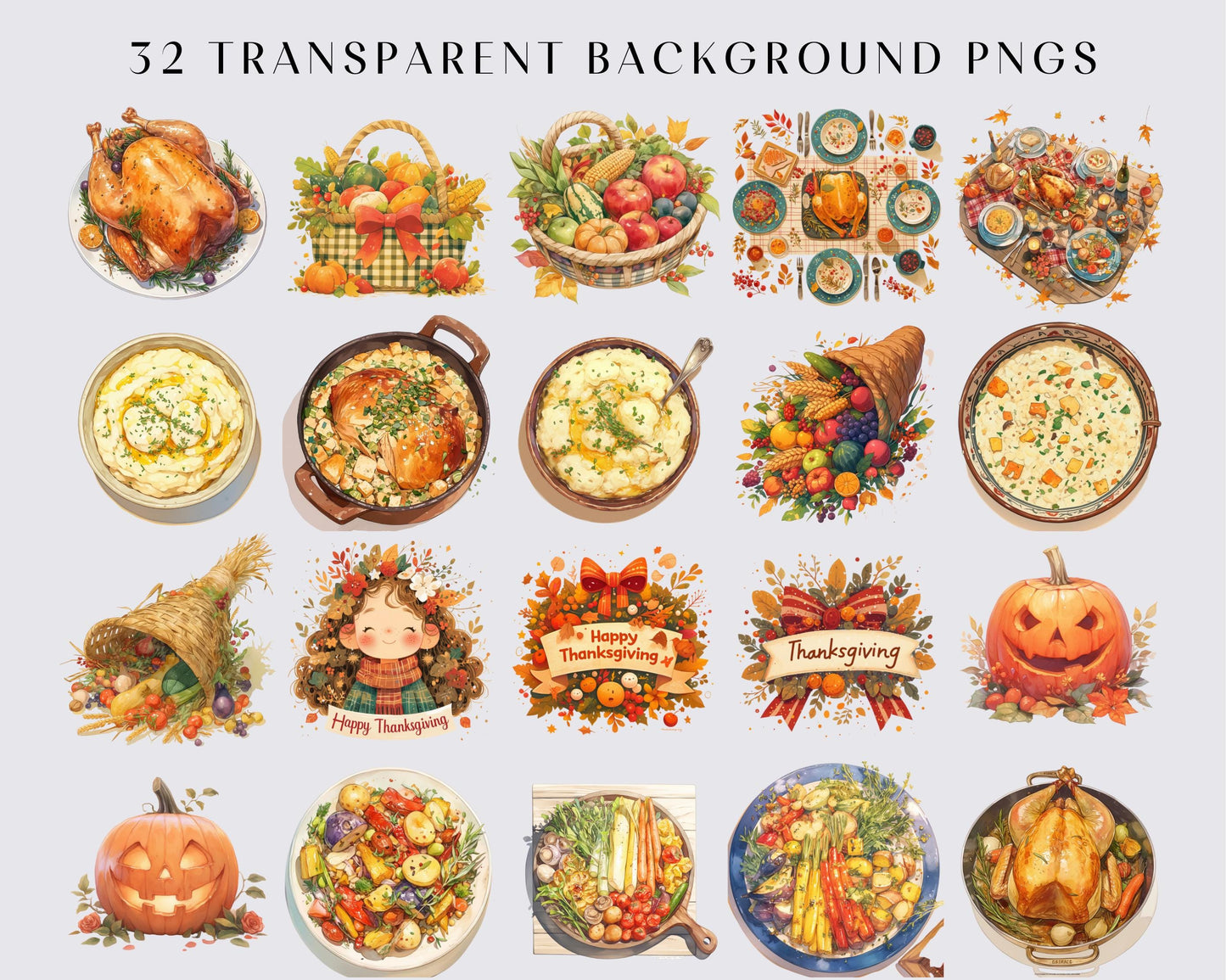 Watercolor Thanksgiving Collection Clipart, 32 PNGs Thanksgiving Feast Clipart, Thanksgiving Bundle, Fall Clipart, Autumn PNG, Commercial