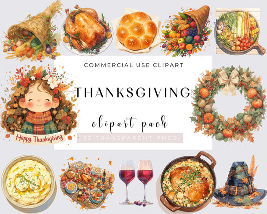 Watercolor Thanksgiving Collection Clipart, 32 PNGs Thanksgiving Feast Clipart, Thanksgiving Bundle, Fall Clipart, Autumn PNG, Commercial