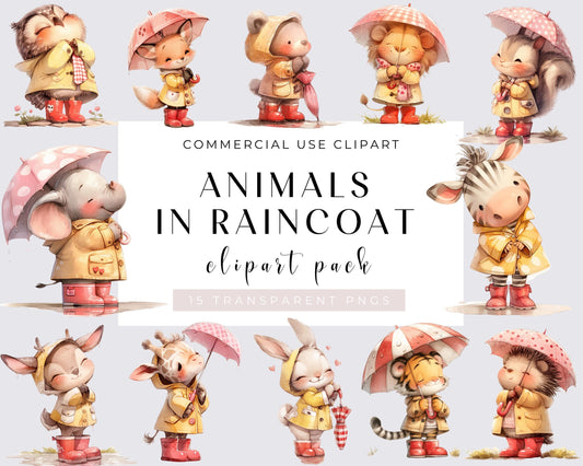 Watercolor Whimsical Animals in Raincoat Clipart, 15 PNG Animals Clipart, Cute Baby Animals, Nursery Animals, Commercial Use, Download