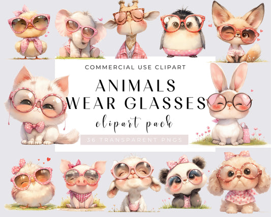 Watercolor Baby Animals wear glasses Clipart, 36 PNG Animals Clipart, Cute Baby Animals Bundle, Nursery Animals, Commercial Use