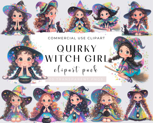 20 Quirky Witch Girl Clipart, Commercial Use, Whimsical, Watercolor PNGs, Instant Download, Haloween theme, Cute Doll