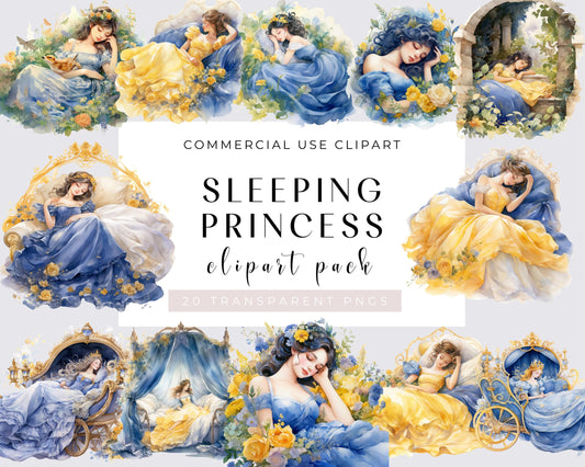 Sleeping Princess Clipart Bundle, Watercolor Princess 20 PNGs, Snow Princess Clipart, Baby Princess, Fairytale Clipart