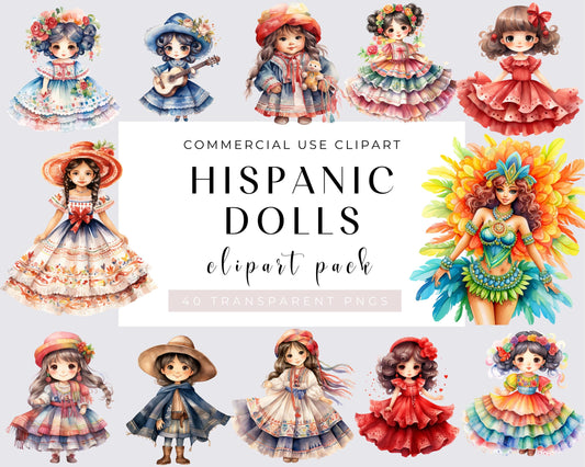 Hispanic Dolls Watercolor Clipart Bundle, 40 Transparent PNGs, Digital Download, Junk Journal Scrapbooking, Pretty Girl Clipart, Commercial