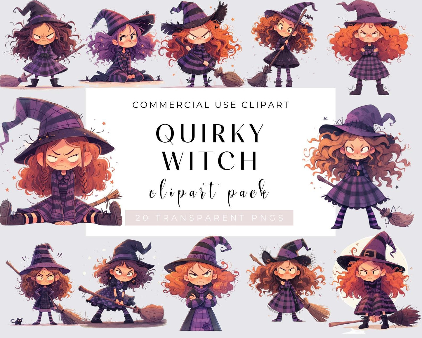 20 Quirky Witch Girl Clipart, Halloween Witch, Whimsical Witch, Watercolor PNGs, Instant Download, Haloween theme, Cute Witch, Commercial