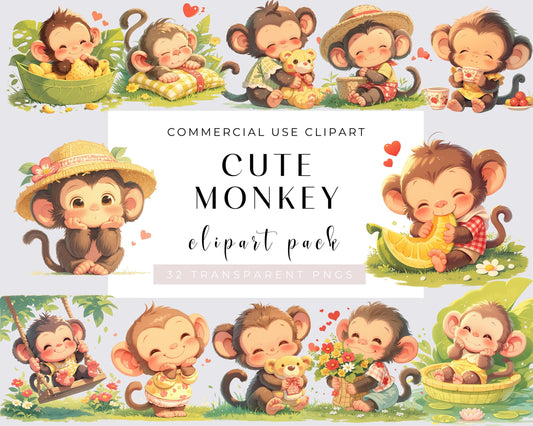 Cute Monkey Clipart Bundle, Cute Safari, Watercolor Baby Monkey 32 PNGs, Baby Shower, Digital Download, Commercial use