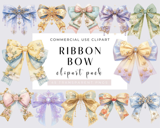 Pastel Ribbon Clipart, Watercolor Gift Bow Clip Art, Cute Vintage Bow Graphics, Ornate Bow, Silk Wedding and Birthday Bows 45 PNGs