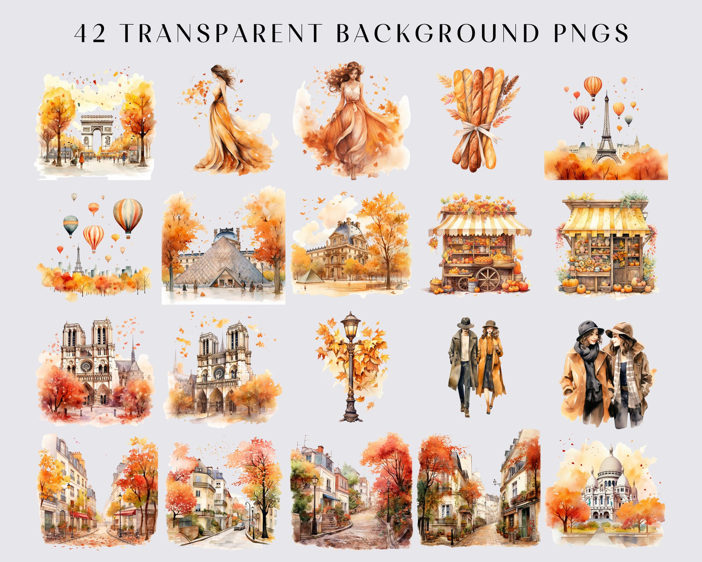 Watercolor Paris in Fall Clipart Bundle, Eiffel Tower Clip Art, Paris Autumn, Romantic Paris France PNG, Download, Commercial, 42 PNGs