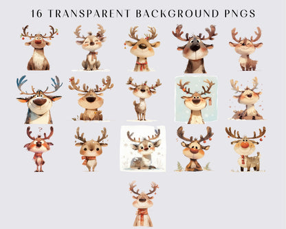 Quirky Reindeer 16 PNG Clipart Bundle Whimsical Reindeer, Sublimation clipart, Christmas graphics, Silly illustration, Commercial use