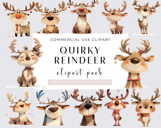 Quirky Reindeer 16 PNG Clipart Bundle Whimsical Reindeer, Sublimation clipart, Christmas graphics, Silly illustration, Commercial use