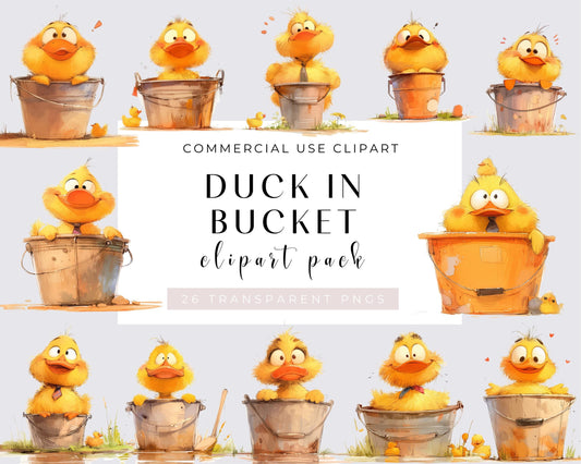 26 Quirky Duck in bucket Clipart Bundle, Watercolor Funny Duck, PNG, Card Making, Digital Paper Craft, Scrapbooking, Wall Art, Nursery